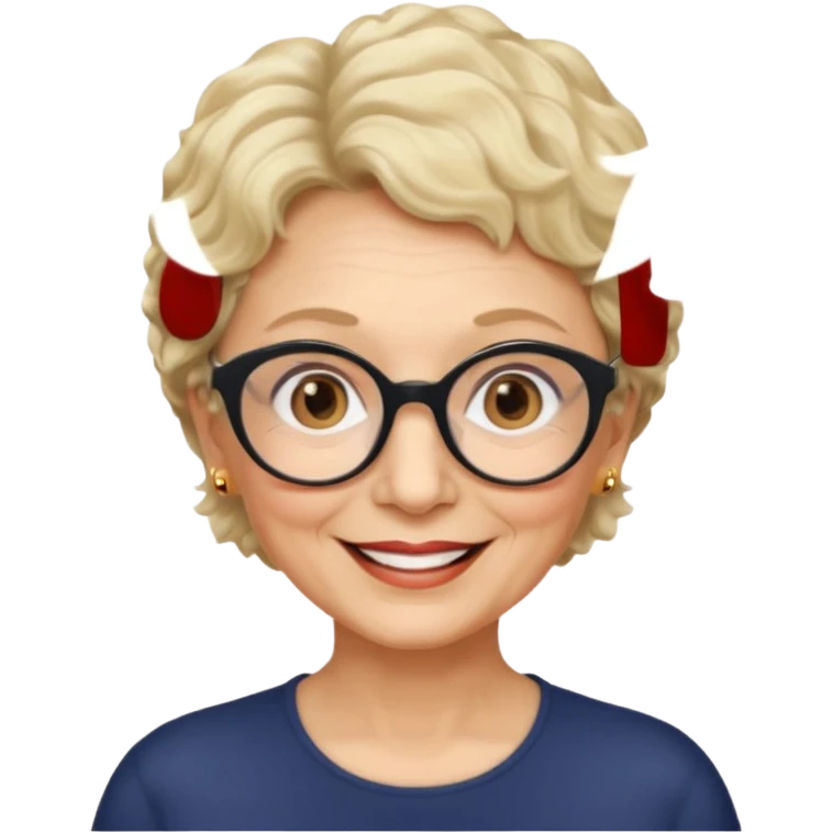 woman 70 years old, very short blonde weavy hair, brown eyes and round dark glasses emoji