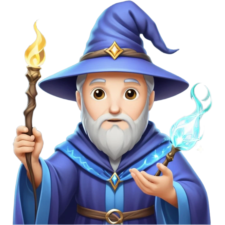 man wizard casting a spell with a wand, sparkles and magic emoji