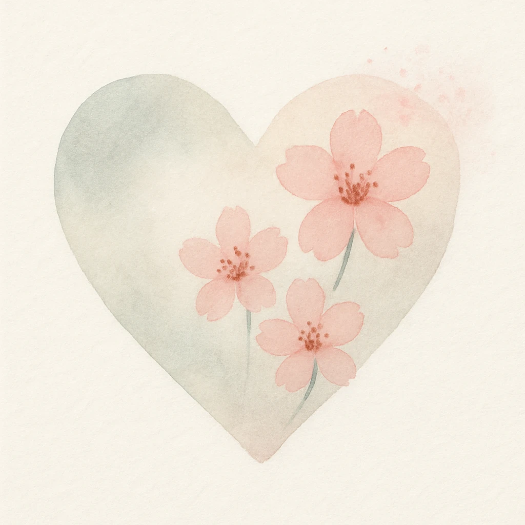 heart with sakura flowers and pink shimmer, watercolor style emoji