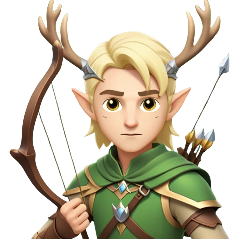 clash-of-clans-aesthetic-blond-male elf-archer-portrait-emoji, rendered in a flat, vector-style with minimal shading and bold holding his bow, simplified shapes, head tilted slightly forward with a determined, focused expression, riding a majestic stag whose antlers glow with mystical energy, set against an ancient, enchanted forest backdrop. emoji