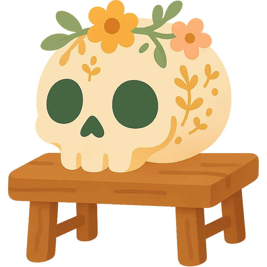 "A cute, whimsical skull resting gently on a wooden table, styled with a warm and soft color palette: golden orange (FA9B41), deep forest green (4A7C5C), muted taupe brown (96775A), and pastel peach (FFCC9A). The skull has rounded, friendly features and big, expressive eye sockets, giving it a sweet and non-threatening appearance. It is decorated with small floral or leafy patterns, and perhaps a tiny flower crown or ribbon in peach or green tones. The wooden table has a rustic charm, and the lighting is warm and magical, with gentle shadows and a cozy, storybook-like atmosphere. The overall scene feels enchanting, calm, and charming emoji