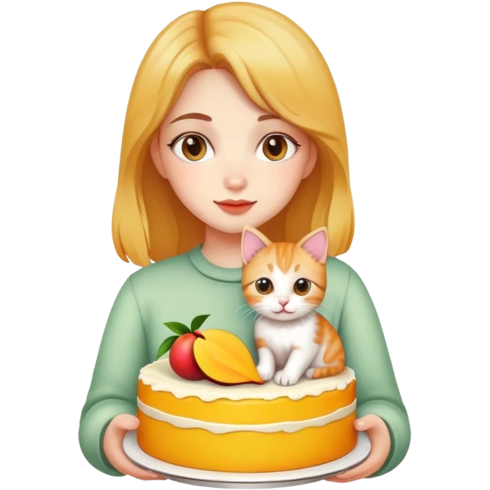 Beautiful girl holding a big mango cake and a kitten in her hands emoji