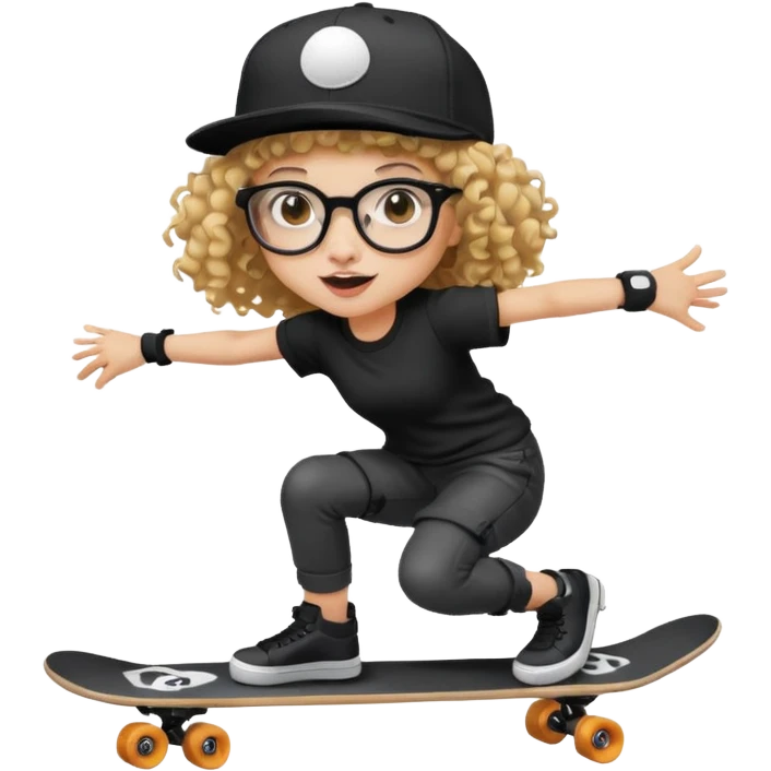 ["An excited girl with light skin, curly hair, wearing a baseball cap and square glasses, dressed in goth fashion, is skateboarding while holding a camera."] emoji