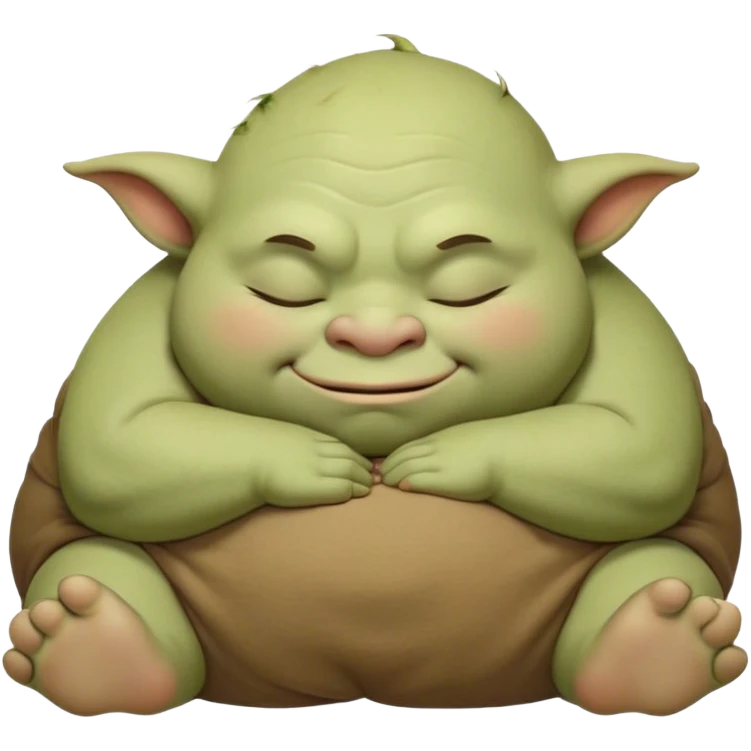 Meme-Worthy Cute Sleeping Ogre Portrait Emoji, with a surprisingly endearing, plump figure in soft earthy greens and browns, head drooping gently with closed, relaxed eyes and a content, sleepy grin, simplified yet adorably detailed, glowing with a soft warm outline that captures the peaceful slumber of a friendly ogre after a day of gentle mischief! emoji