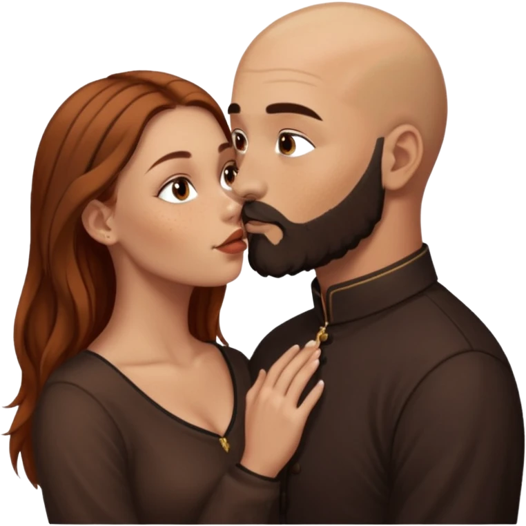Couple. Bald man with dark brown-black beard. White woman with many small, faded freckles, she has white skin and she has auburn-brown-cinnamon, dark long hair. She has light brown eyes. The man have hazel eyes. She have light eyes. Retro style. She kisses him. Dark akademia. emoji