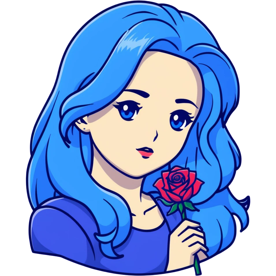 head portrait of anime girl with long dark blue hair, blue rose in hair, blue eyes, JoJo's Bizarre Adventure art style, dramatic look, head only emoji