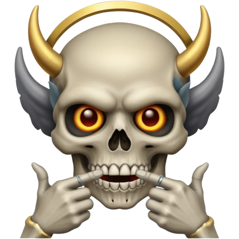 Skull mixed with demon with a halo doing shush sign emoji