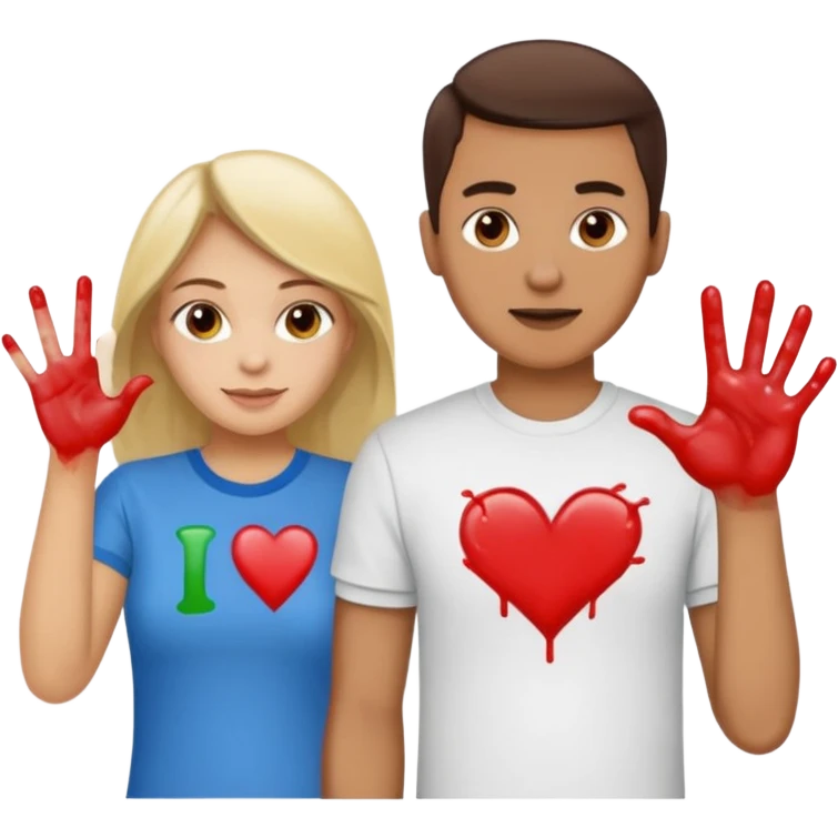 man has a shirt that says i love to finger paint and the womans shirt says am paint emoji