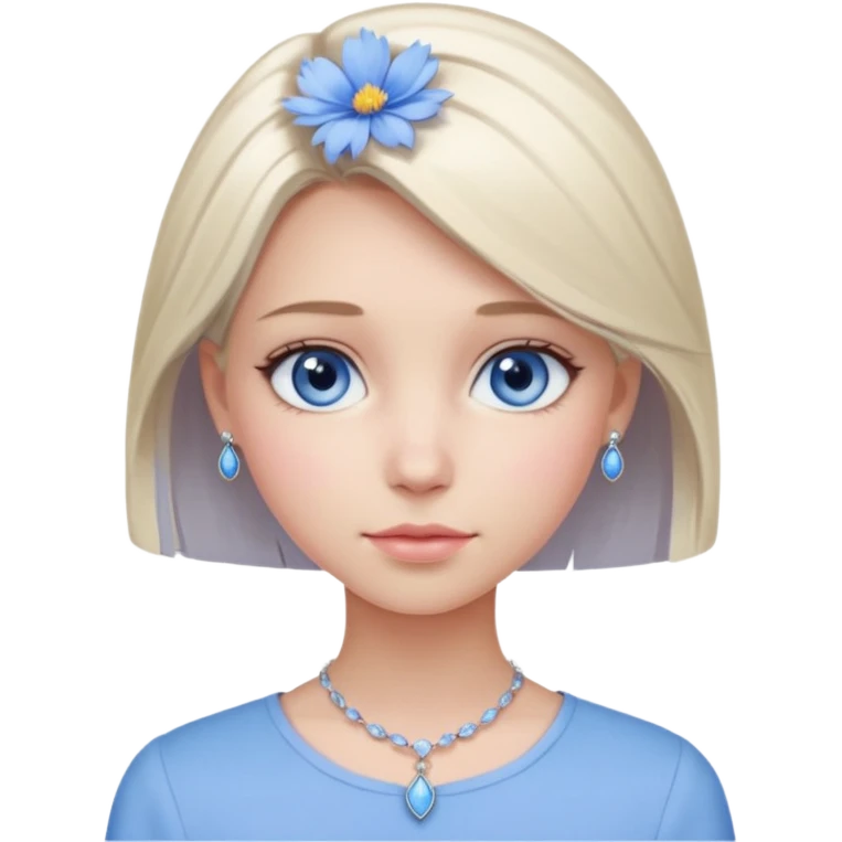 a beautiful girl with straight medium-short length light ashy blonde hair, light grayish-blue eyes, pale pink-neutral toned skin, wearing a cornflower blue blouse and silver jewelry emoji