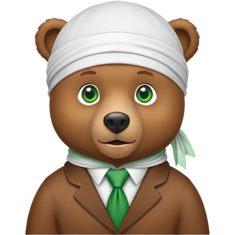 Cool brown bear with confident expression and green eyes wearing a crisp white durag with the ties showing, iOS emoji style emoji