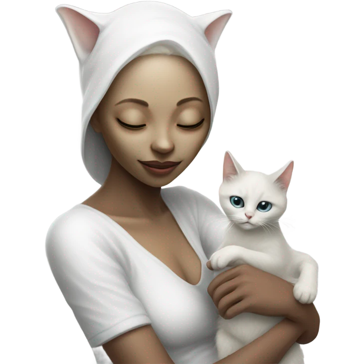Photo realistic, alien female, kissing and embracing white cat, emoji