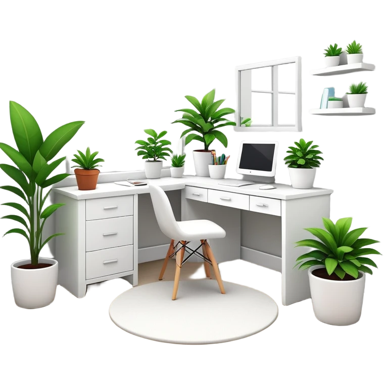 clean modern teenage bedroom with white furniture, white bed, white desk, white vanity, and potted plants emoji