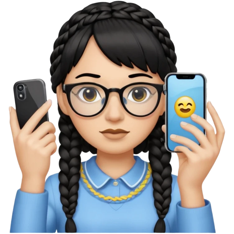 Black hair is braided to the left, bangs, horn-rimmed glasses, and only the eyes of the emoji taking a mirror selfie with iPhone white are visible, and the nose is covered with the iPhone emoji