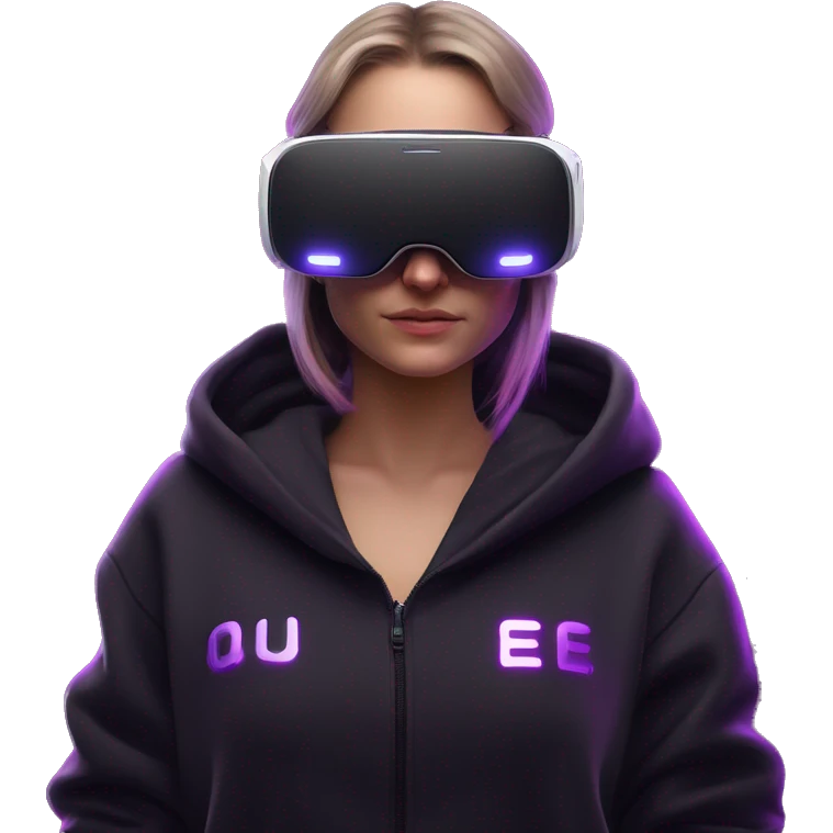 Russian girl wearing black hoody with violet letters "OMG", in vr headset oculus quest2. Standing like jedi. Cyberpunk style. Violet neon. emoji