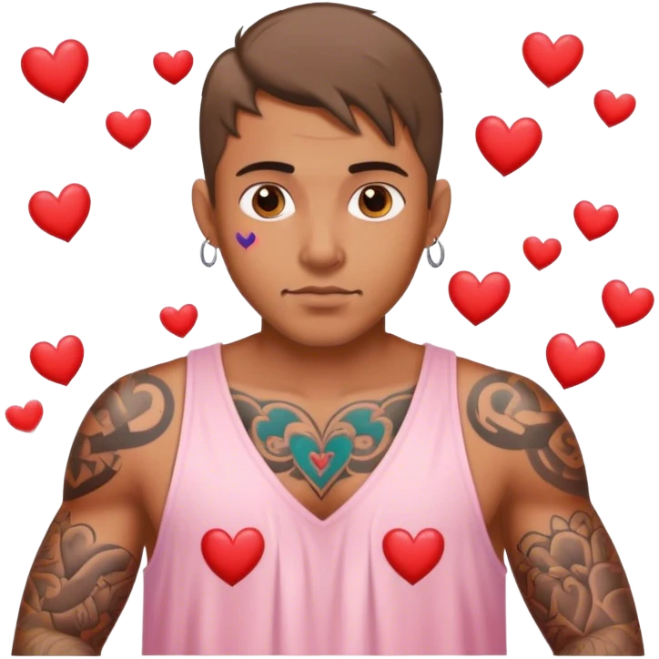 Man with tattoos in a nightgown surrounded by hearts emoji