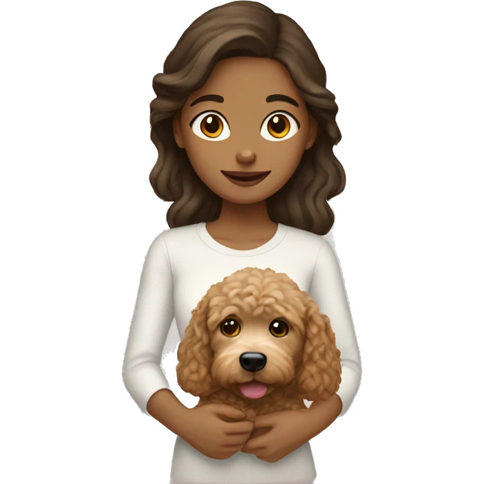brunette girl holding beige golden doodle  emoji
