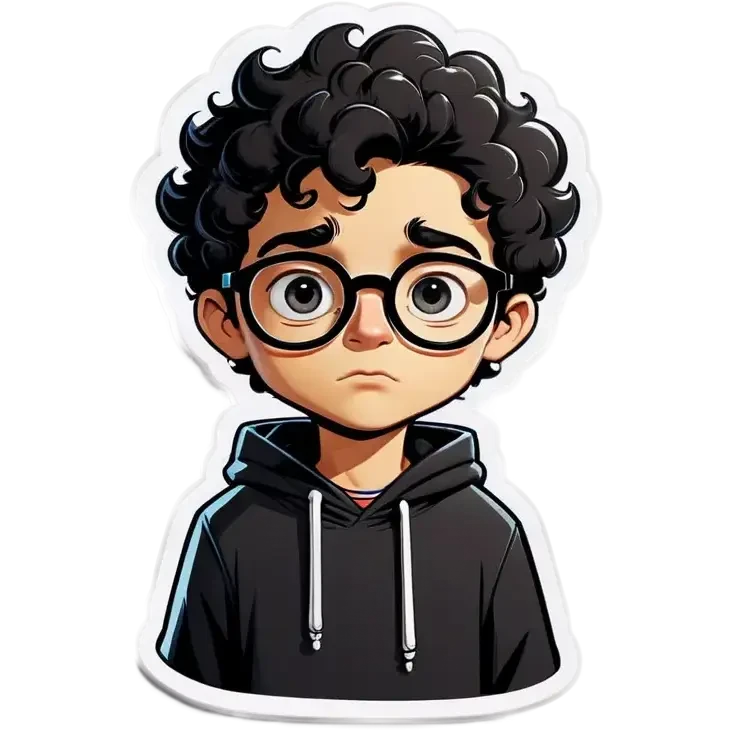 A cartoon drawing of a boy with short black curly hair with glasses and a thoughtful expression he boys face is white and he has black eyes and a black mustache. He is wearing a white hoodie. The background is a light peach color. emoji