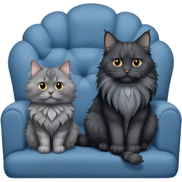 A large black smoke Maine Coon cat with long grey ear tufts and a fluffy grey ruff, sitting next to a chubby British Shorthair cat in blue color with plush fur, both sitting comfortably on a sofa. Beautiful room background with flowers and soft lighting. Transparent background. emoji