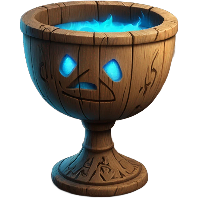 A magical goblet, large and imposing, made of aged wood with intricate carvings and ancient runes along its surface. It emits a bright blue glow, with magical flames dancing inside, symbolizing its power and mystery. emoji