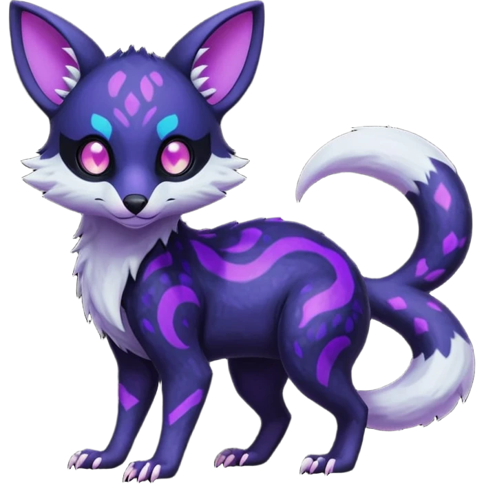 Obsidian-onyx-black fur base coat with glowing-neon-purple markings and patterns, shiny blind eyes, magical fantasy-Genet-Absol-Marsupial-Possum-Vernid-Sergal-Fakémon-hybrid, by LiLaiRa-griffsnuff, full body emoji