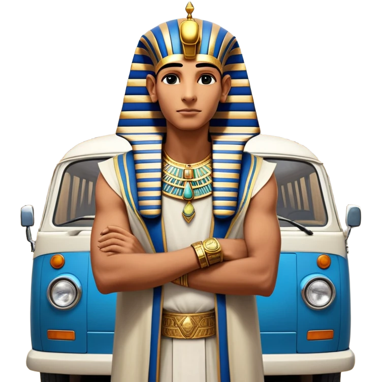 
"A pharaoh living in modern-day Egypt in 2025, struggling to adapt to the fast-paced world. Once a ruler of a mighty empire, he now drives a microbus through the chaotic streets of Cairo. His royal garments have been replaced by a simple outfit, but his hands still shine with ancient, ornate rings—relics of his glorious past. With every ride, he shares stories of his golden age, yet few believe he was ever a king."

 emoji