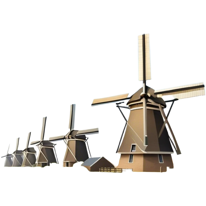 Cinematic Realistic Kinderdijk Windmills Landmark Emoji, depicted as a row of classic Dutch windmills set against a serene sky rendered with detailed textures and soft natural lighting. emoji