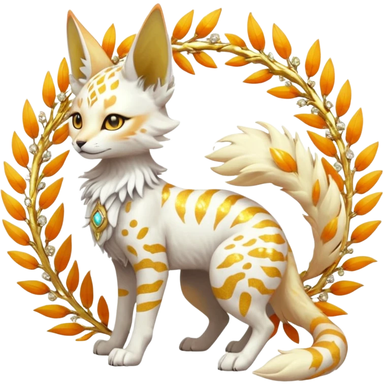 Epic complex fantasy glorious detailed futuristic divine godly angelic feathery sunny, white, albino, pastel, golden, orange glowing sparkly, realistic Fakémon-Sprigatito-Floragato-Meowscarada-Trico-Sergal-Serval-Solgaleo-Vernid-creature (full body) solarpunk, shiny sparkly with gold wreaths emoji
