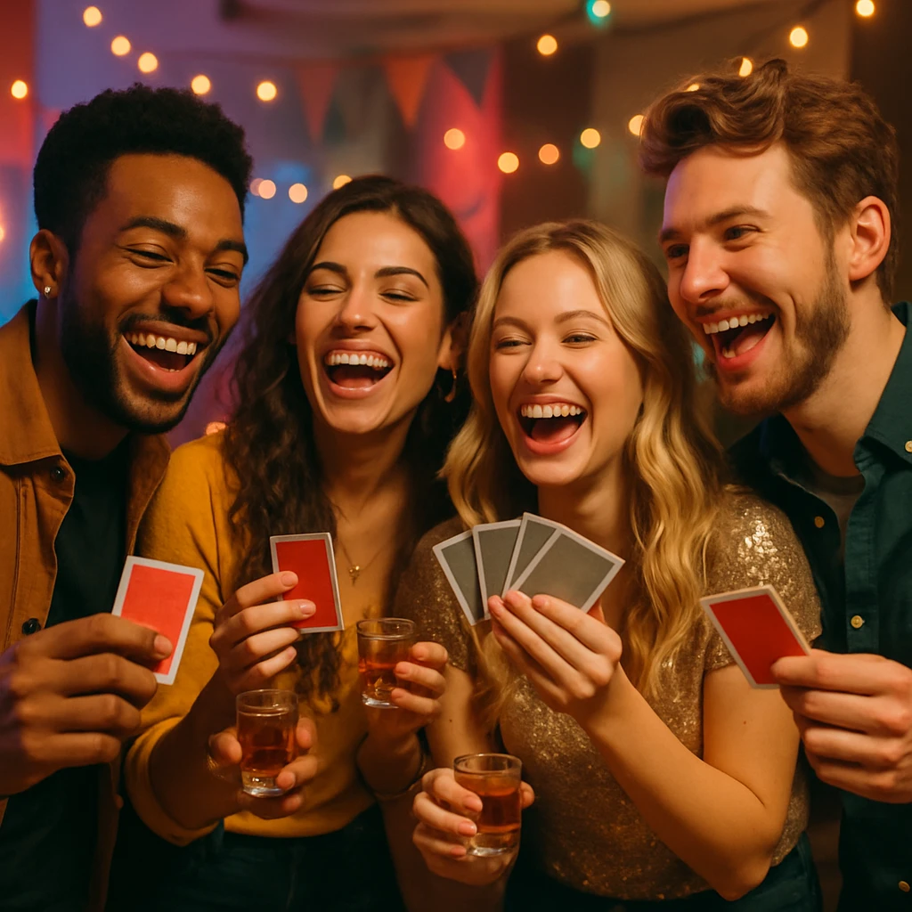 a group laughing, holding cards and shot glasses, party vibe, lively atmosphere emoji