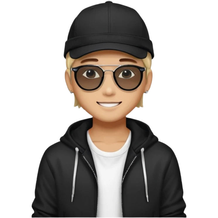 Portrait of a male K-pop idol, wearing a stylish streetwear outfit with layered clothing, makeup, wearing a black cap, happy, sunglasses emoji