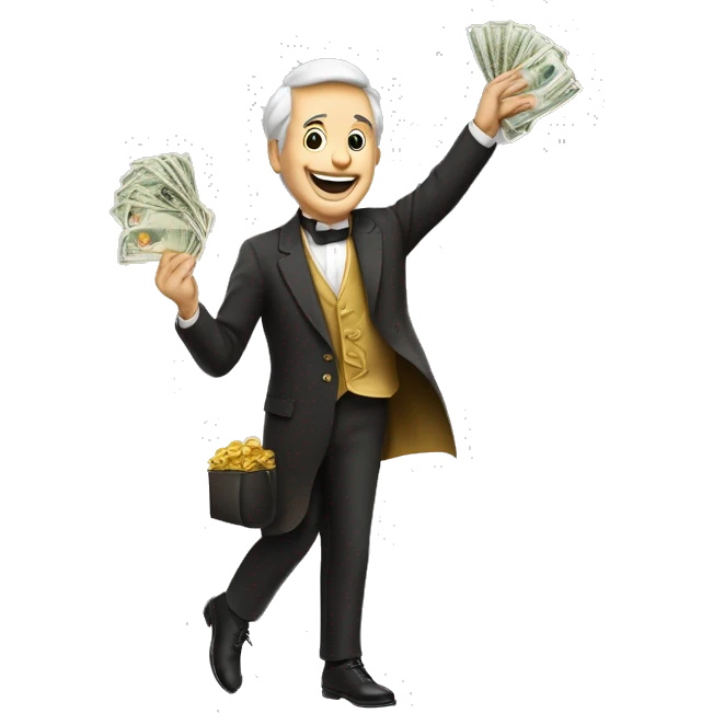 homme riche tient des billets dans ses mains et saute de joie emoji