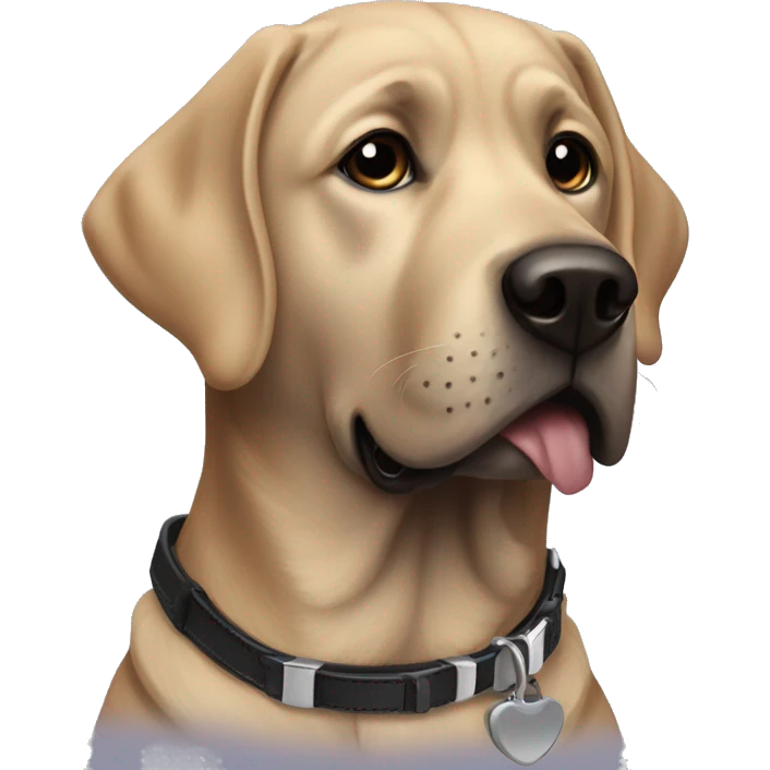 A black lab dog that has a collar that that says Gus emoji