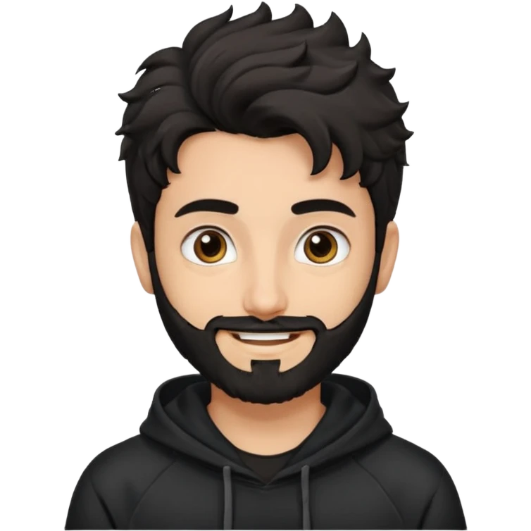 young fair skin pakistani guy smiling with black beard, wavy hair pushed back and brown eyes and big eyebrows, thin eyes , wearing black hoodie emoji