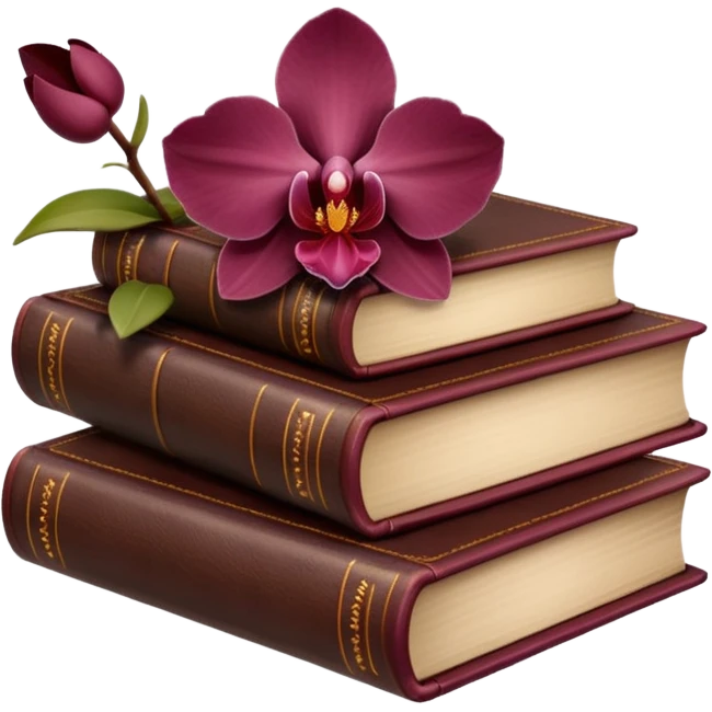 Dark academia 3 brown books with small burgundi orchid emoji