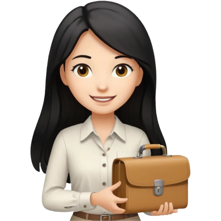 a light tan woman with long black hair past mid-back, round brown eyes, white button up shirt. holding manila case files in her hands. emoji