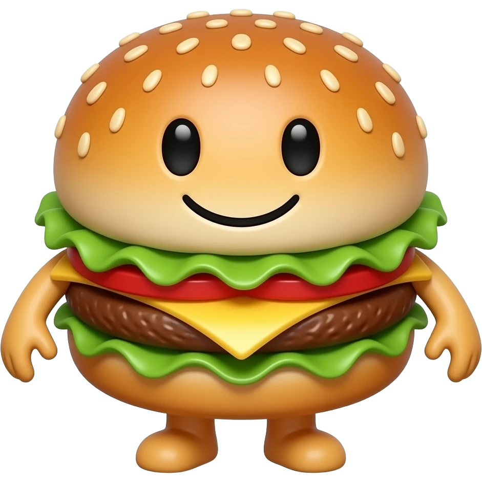 smiling burger character with eyes and arms, 3D cartoon, white background emoji