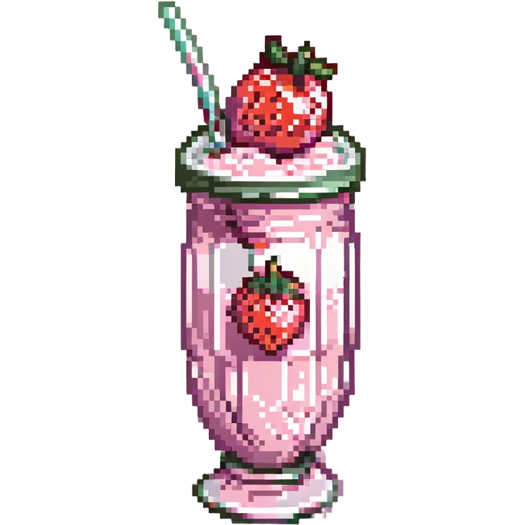 pixel art strawberry milkshake with pink hue and cherry on top, tall glass, striped straw, retro diner style emoji