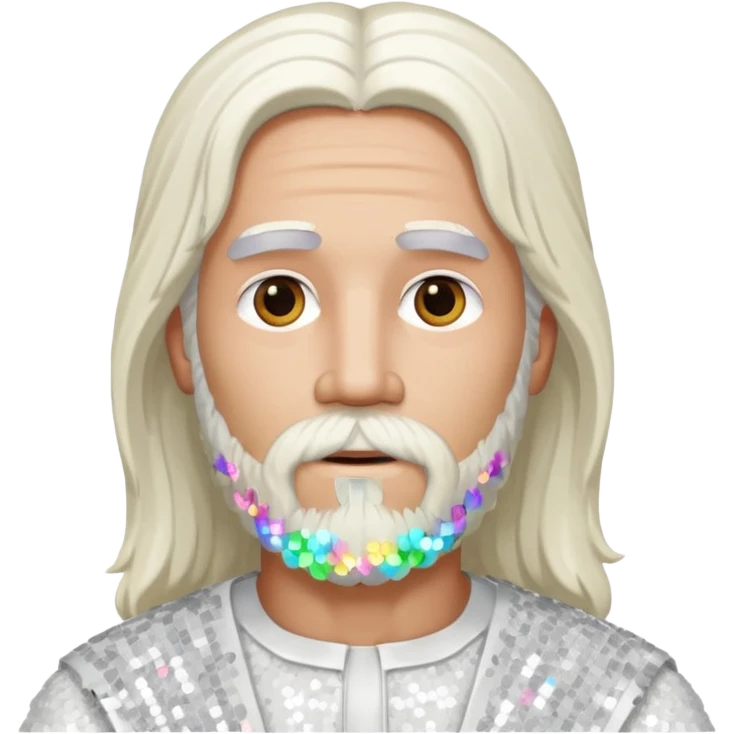 Jesus, Son of God from Gods and Goddesses with long white hair and beard, white sequin outfit emoji