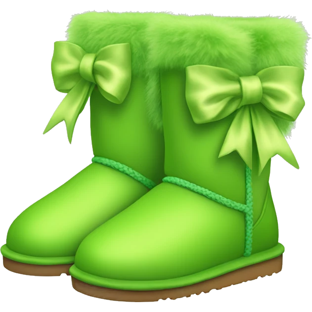 Realistic Pair of lime green fur Ugg boots with green silk ribbon bow. emoji