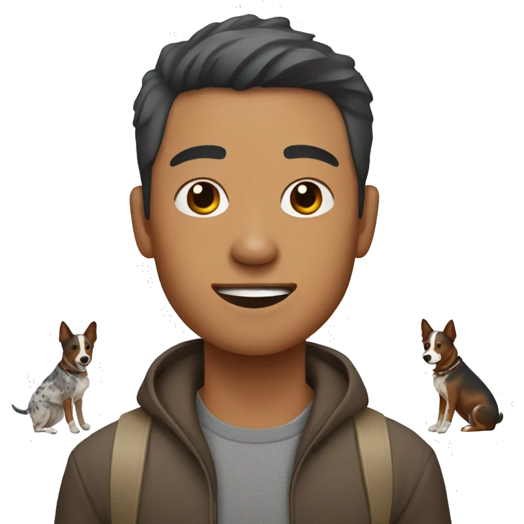 Asian man with brown/grey Australian cattle dog  emoji
