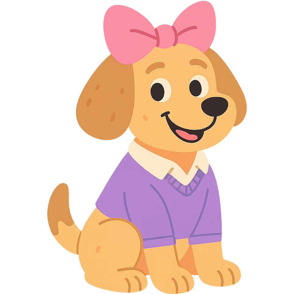 preppy dog with a pink head piece bow, sitting and smiling, pastel toon style emoji