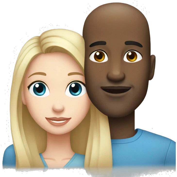 Bald black man loves a white woman with long dark hair and blue eyes emoji