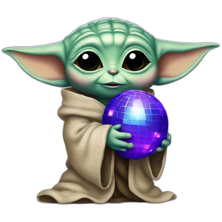 Baby yoda hugging a blue and purple disco ball emoji