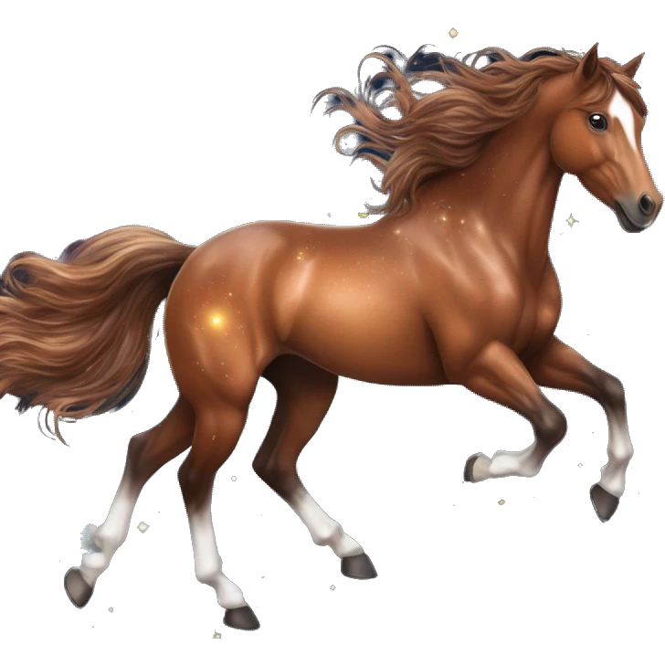 Ethereal glittering iridescent rich chestnut brown brindle horse galloping through constellations and nebulas, unicorn Pegasus emoji
