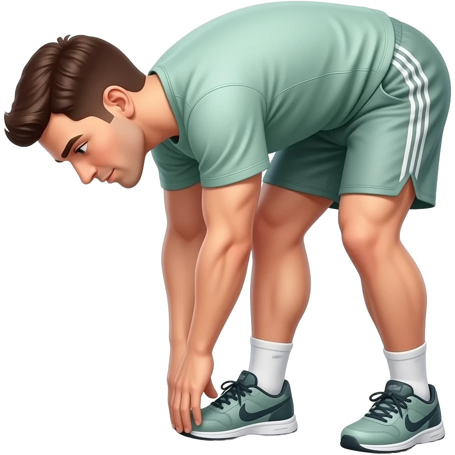 guy standing up in light green workout shirt and shorts facing me bending down stretching down by touch toes feet together emoji