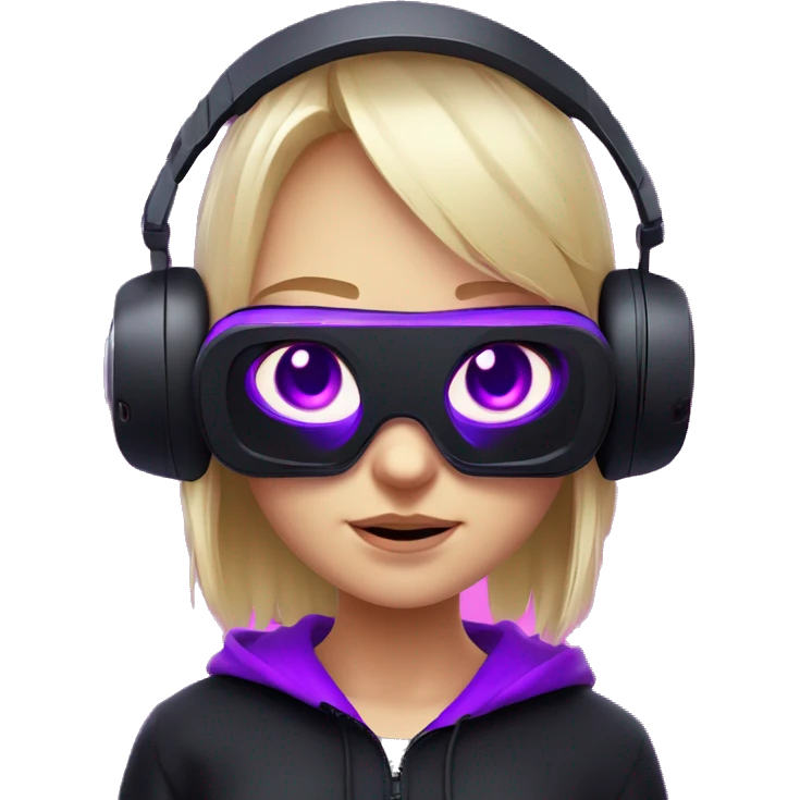 Russian cute blond student girl wearing black hoody with violet letters "OMG", in vr headset. No eyes. Cyberpunk style. Violet neon. emoji