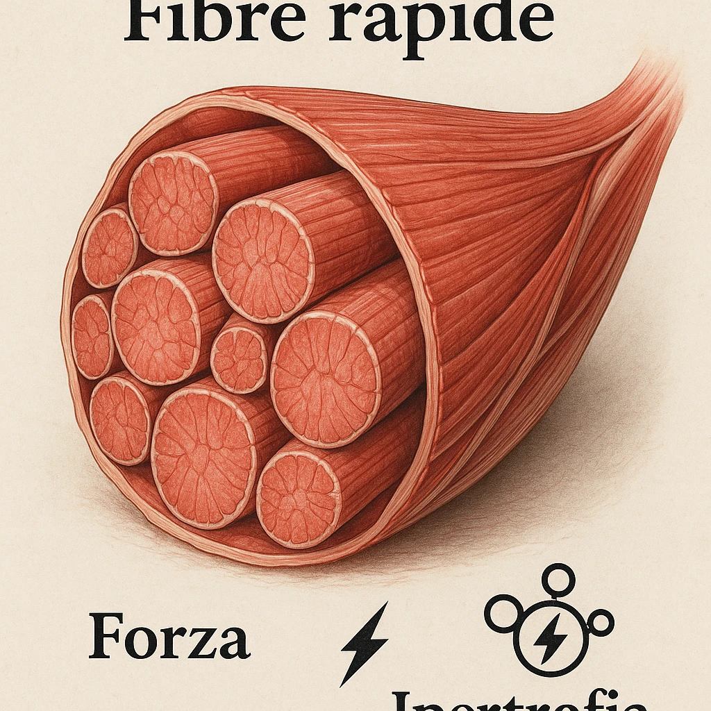 hyper realistic image of muscle section with large thick fast fibers, Italian text 'fibre rapide', 'forza', 'ipertrofia', energy symbols, anatomical details, scientific atmosphere, light background emoji