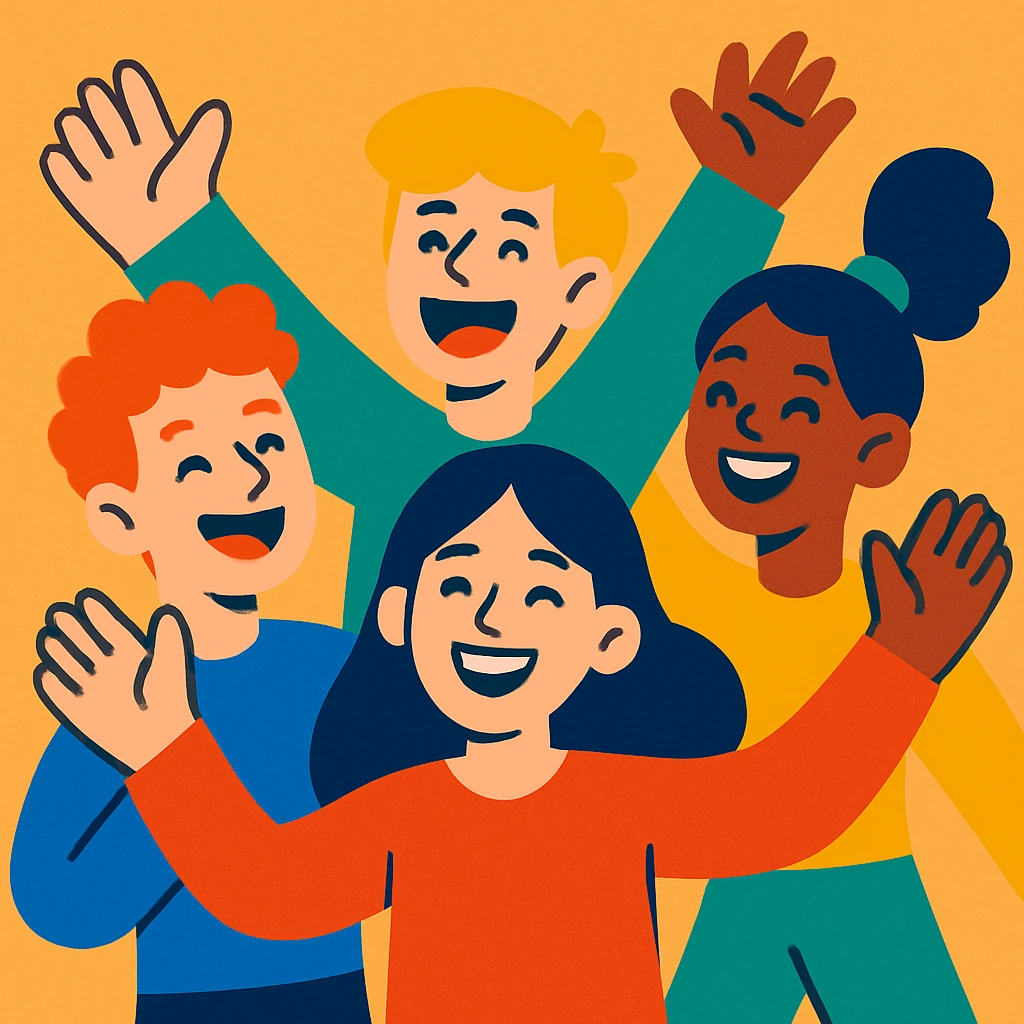 a group of young people showing happiness, colorful illustration style emoji