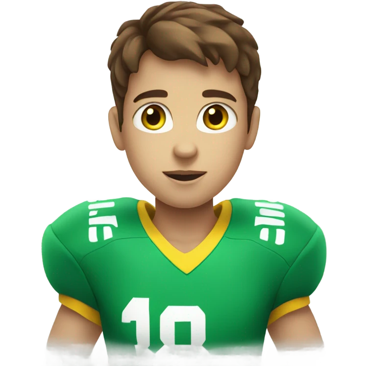 boy with brown hair and blue eyes. wearing a green and yellow shirt. holding a football  emoji