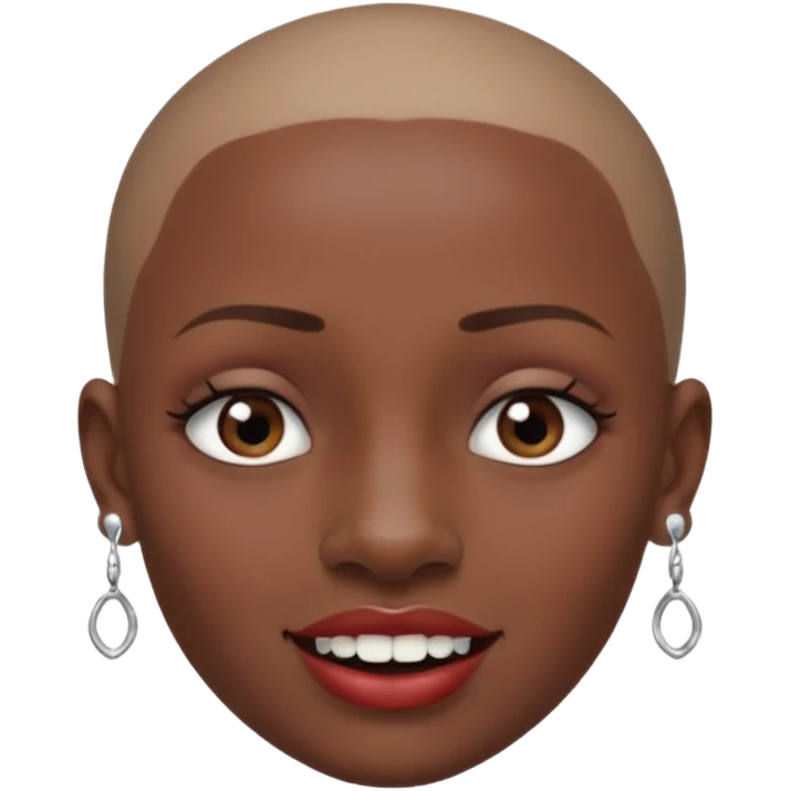 Make a emoji of a person with dark skin and has a nose ring that goes between her two nostrils and has a bunch of small earrings and who has a gap between her two front teeth and with no hair emoji