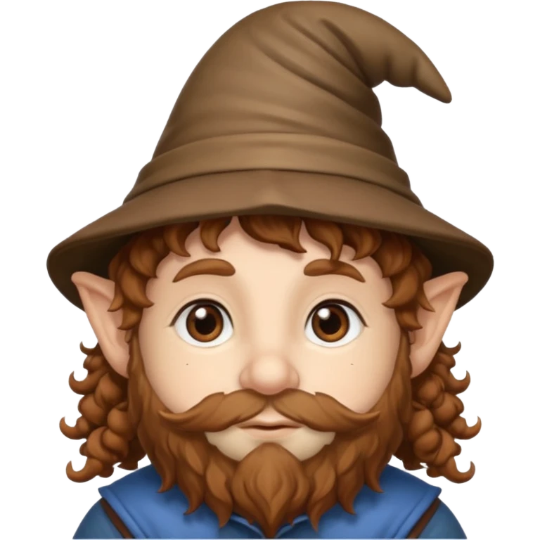 Gnomo con capelli ricci marroni, occhi marroni e cappello a punta emoji